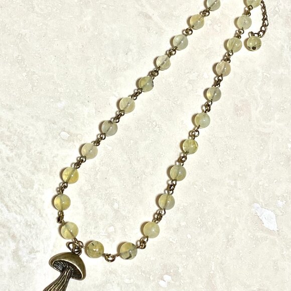 Natural Yellow Green Prehnite Necklace, Bronze Slim Mushroom + Genuine Gemstone - Picture 6 of 16